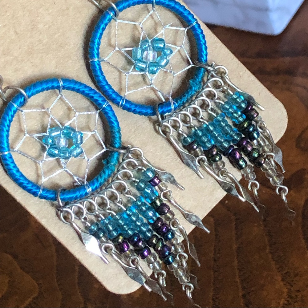 Hand crafted beaded blue and silver dream catcher earrings